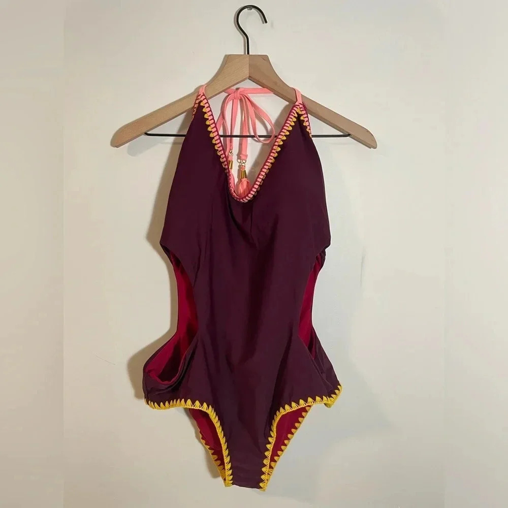 Jessica Simpson Reversible Embroidered Edge Monokini Purple/Deep Red - Picture 3 of 16